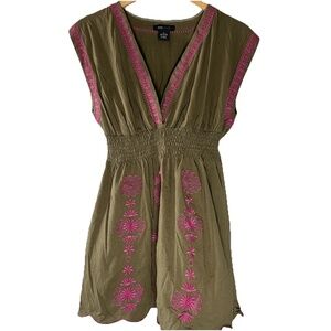 BCBG Max Azria Olive Green Embroidered Mini Dress Size M Festival Cottagecore‎
